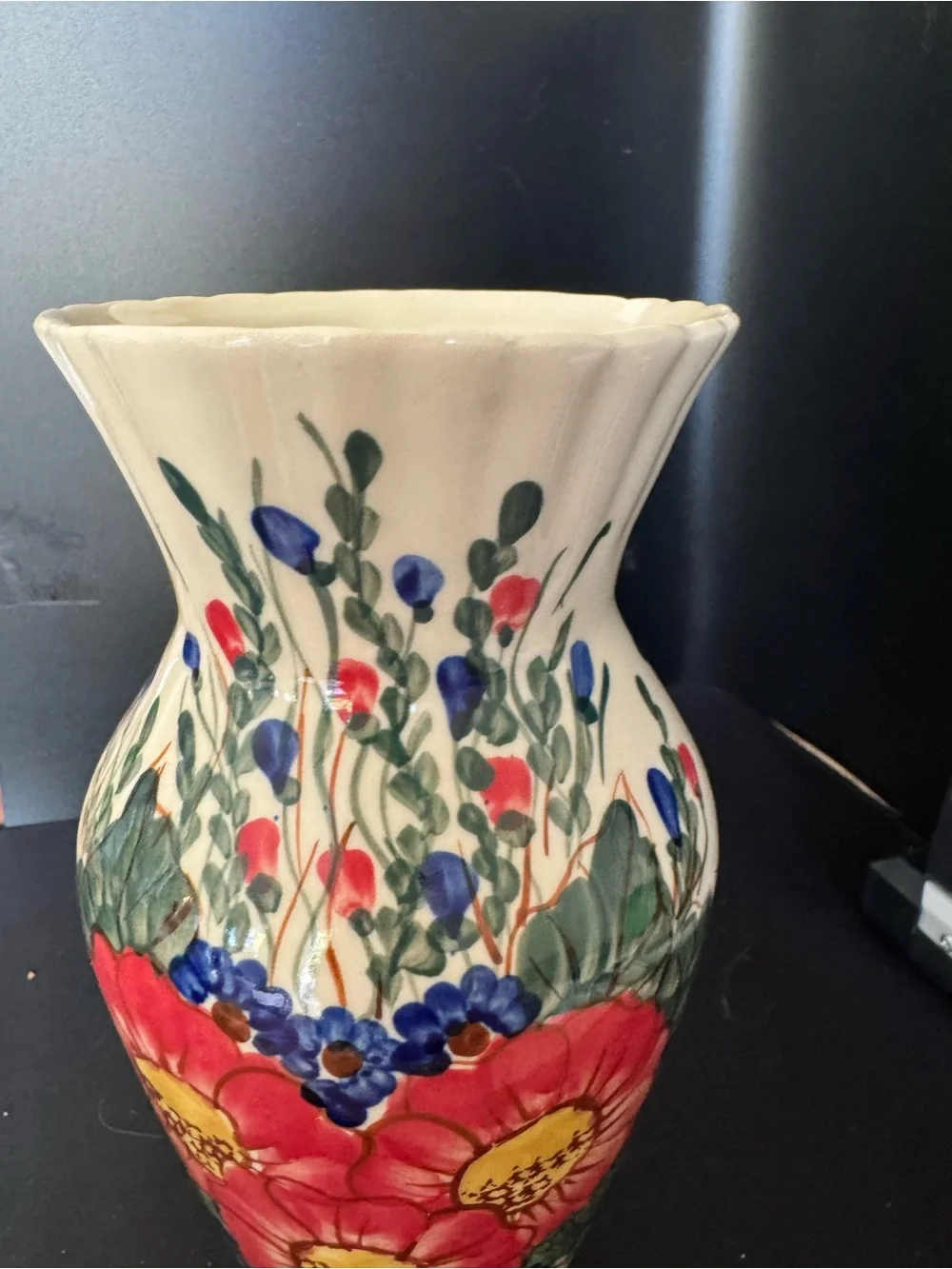 Vintage Polish Pottery Andy Tall Vase Red Floral Flowers